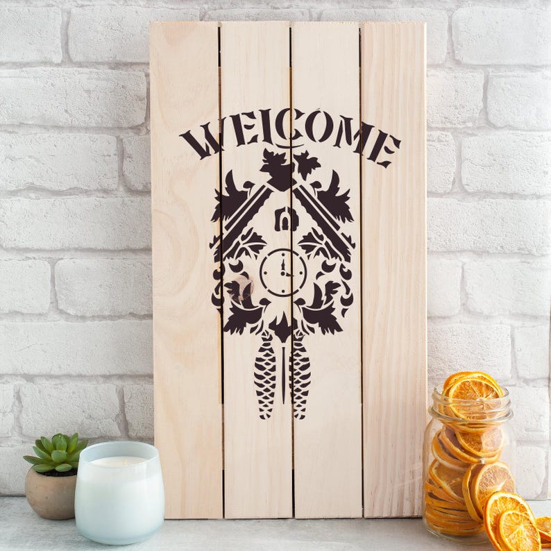 Cuckoo Clock Welcome Stencil for Signs, Mylar Wall Clock Stencils for Crafts and Decor image 2