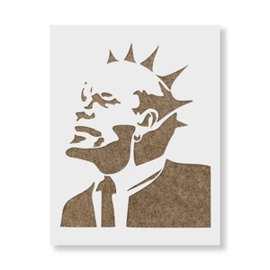 May include: A stencil of a person with a mohawk hairstyle wearing a suit and tie. The stencil is made of white material and is on a brown background.