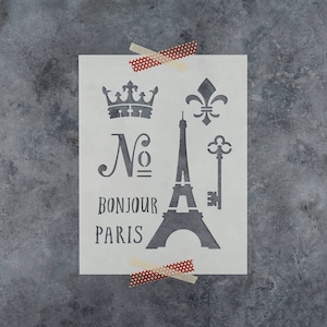 French Stencil - Reusable DIY Craft Stencils of the Eiffel Tower, French Words, Crown, and Fleur De Lis - Paris Stencil
