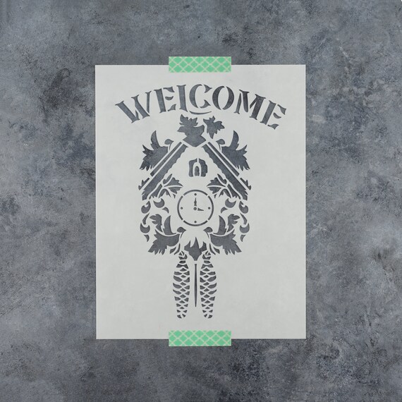Cuckoo Clock Welcome Stencil for Signs, Mylar Wall Clock Stencils for Crafts and Decor