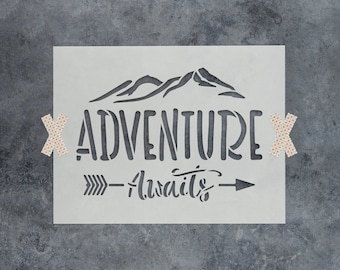 Adventure Awaits Stencil - Adventure Stencil, Adventure Stencils, Mountain Stencil, Outdoor Stencil, Sign Stencil, Adventure, Hiking Stencil