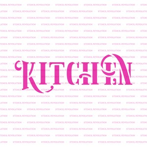 May include: A repeating pattern of the words "STENCIL REVOLUTION" in light pink, with the word "KITCHEN" in a larger, stylized, hot pink font overlaid on the design. The background is white.