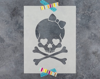 Girly Skull Stencil with Bow for Painting, Crafts, Walls, Wood, Fabric, Airbrush Stencils