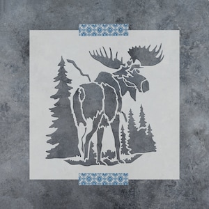 Moose In The Woods Stencil - Moose Stencil, Woods Stencil, Mountain Stencil, Wildlife Stencil, Stencil Signs, Elk Stencil, Outdoor Stencils