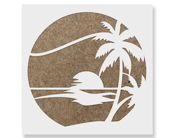 Sunset Beach Stencil - Beach Stencils, Large Beach Stencil, Sunset Stencil, Summer Stencils, Waves Stencil, Palm Tree, Coastal, Sunset Beach