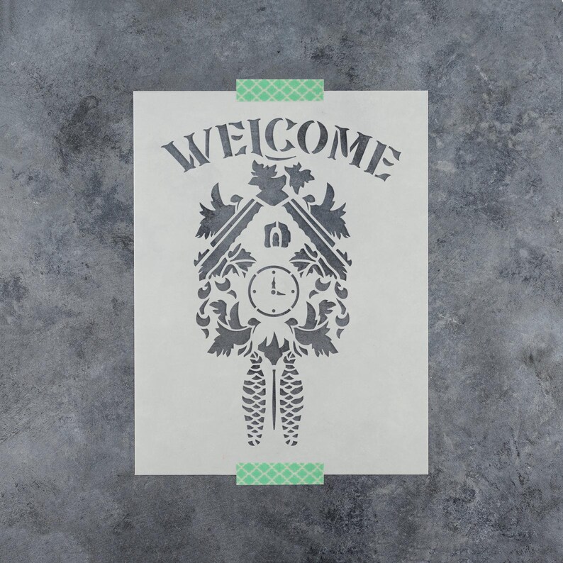 Cuckoo Clock Welcome Stencil for Signs, Mylar Wall Clock Stencils for Crafts and Decor image 1