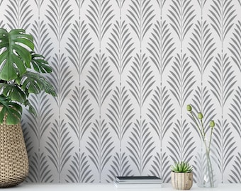 May include: A wall surface featuring a repeating pattern of gray, stylized palm leaf shapes on a white background. The design consists of vertical rows of symmetrical, pointed leaf segments arranged in a consistent, geometric, and rhythmic layout.