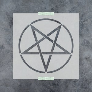 May include: A stencil of a pentagram inside a circle. The stencil is made of white plastic and is ready to be used for painting or crafting.