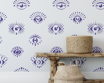 Evil Eyes Pattern Wall Stencil - Wall Stencil, Boho Stencil, Bohoemian Style, Living Room Decor, Unique Wall Stencils, Living Room Stencils