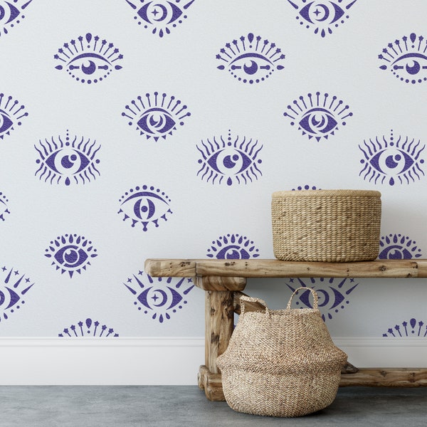 Evil Eyes Pattern Wall Stencil - Wall Stencil, Boho Stencil, Bohoemian Style, Living Room Decor, Unique Wall Stencils, Living Room Stencils