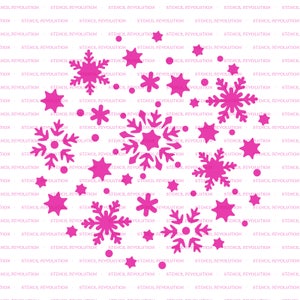 K&ouml;nnte beinhalten: Ein wei&szlig;er Hintergrund mit einem rosafarbenen Schneeflockenmuster. Die Schneeflocken sind in Herzform angeordnet. Der Hintergrund ist mit dem Text "Stencil Revolution" gef&uuml;llt, der viele Male wiederholt wird.
