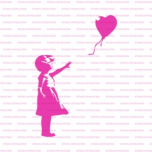 May include: A pink silhouette of a child reaching up to a pink heart-shaped balloon with a string attached. The background is a white pattern that repeats the words "Stencil Revolution".