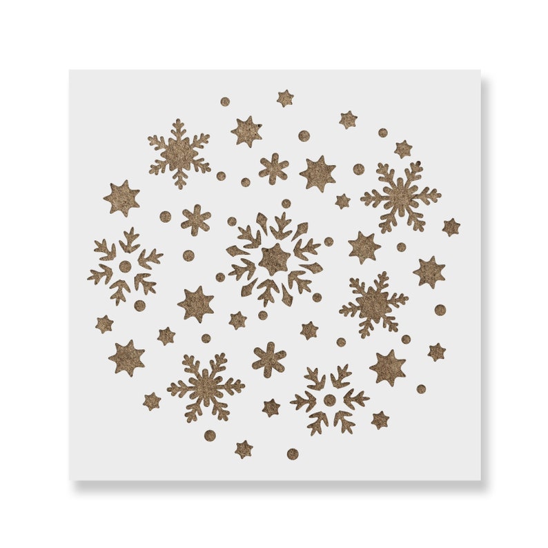 K&ouml;nnte beinhalten: Eine wei&szlig;e Schablone mit einem Design aus Schneeflocken und Sternen. Die Schablone ist perfekt, um ein winterliches Design auf W&auml;nden, M&ouml;beln oder anderen Oberfl&auml;chen zu erstellen.