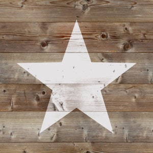 May include: A white painted star on a rustic wooden background. The star is centered on the wood and has a distressed look.
