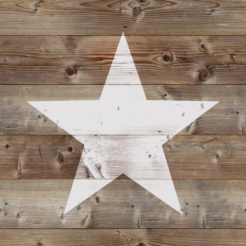 May include: A white painted star on a rustic wooden background. The star is centered on the wood and has a distressed look.