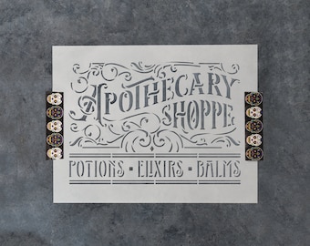 Apothecary Shoppe Stencil for Pharmacy Decor, DIY Craft Supply, Painting Tool, Vintage Label Template