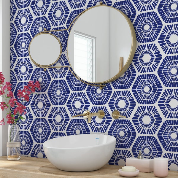 Plantilla de pared con patrón geométrico escandinavo para pintar, ideal para una decoración moderna y llamativa en el baño.