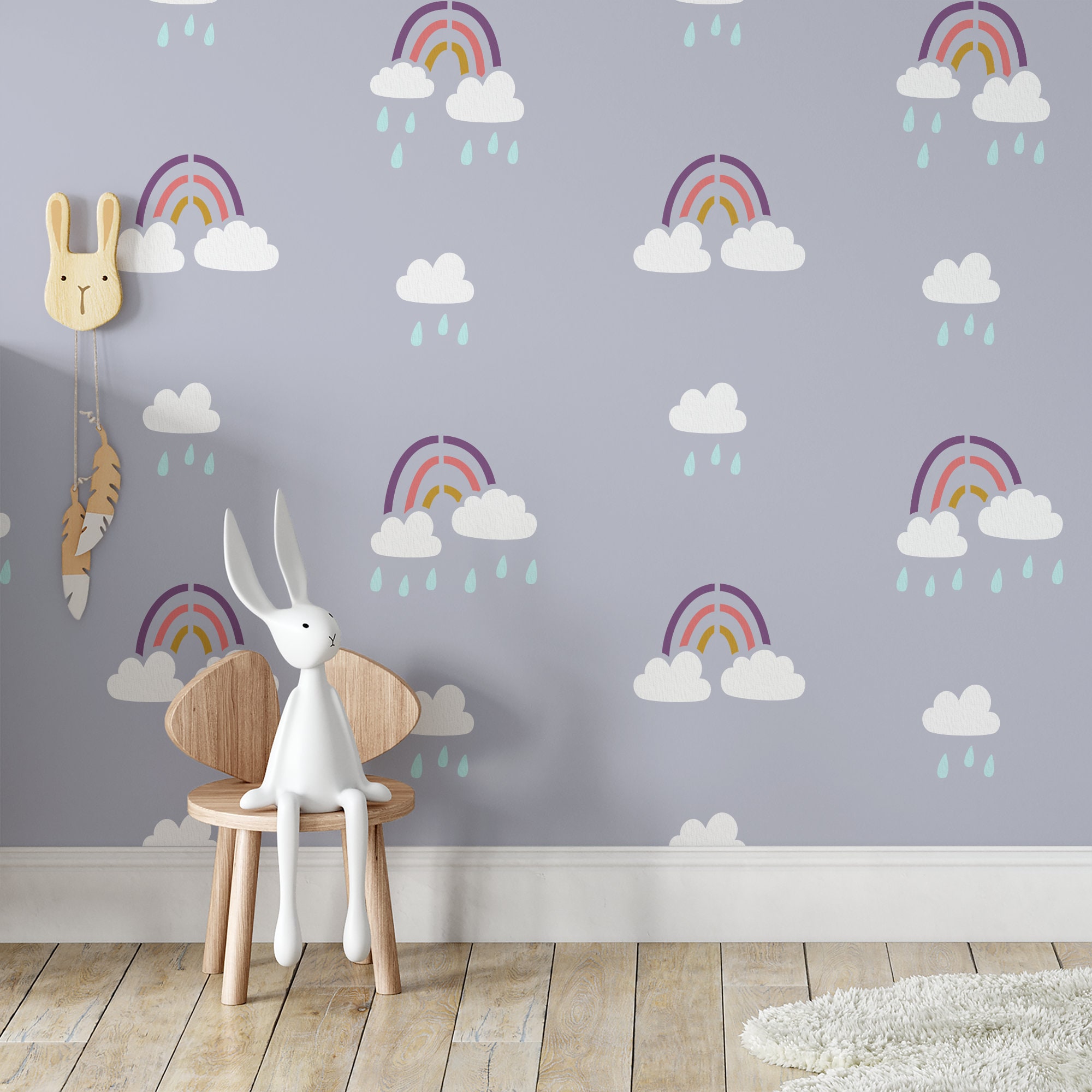 Rainbow Clouds Pattern Wall Stencil for Nursery, Kids Rooms, Bedroom ...