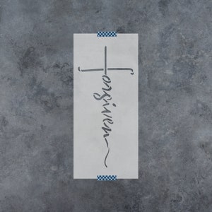 May include: A white stencil with the word "forever" written in cursive, forming a cross shape.