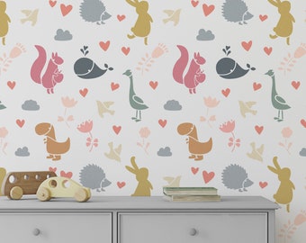 Cute Animals Pattern Wall Stencil - Bedroom Wall Decor, Kid Stencil Set, Nursery Mural, Baby Nursery Stencil, Stencil Baby Room