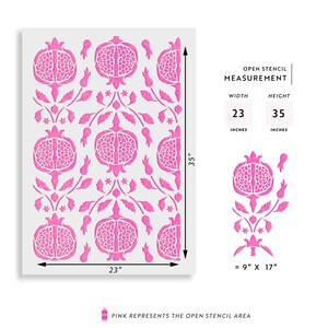 May include: A stencil design featuring a repeating pattern of pink pomegranates and leaves. The stencil measures 23 inches wide by 35 inches high. The pink areas represent the open stencil area.