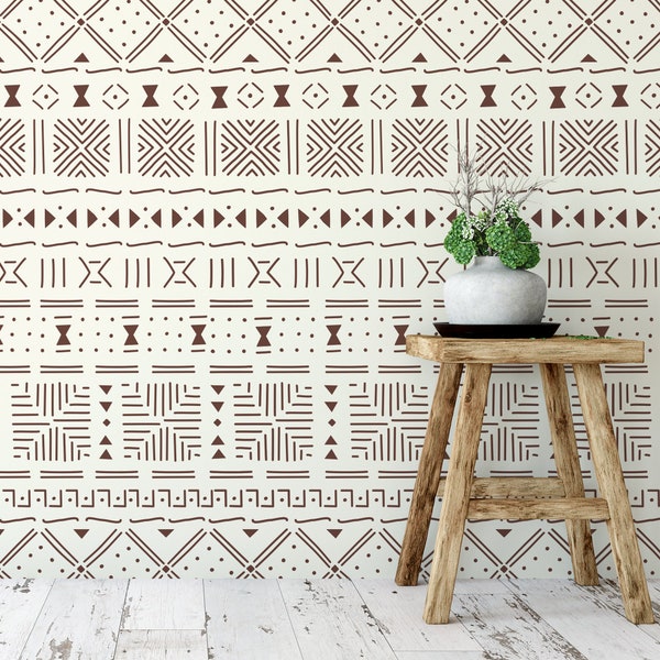 Mud Cloth Pattern Wall Stencil for Painting – Large Boho Abstract Stencils for Bedroom or Bathroom Decor