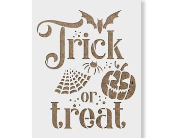May include: A rectangular stencil featuring the text Trick or treat in a decorative font. The design includes a bat silhouette above the text, a spider web, a small spider, and a carved jack-o'-lantern pumpkin with a jagged face.