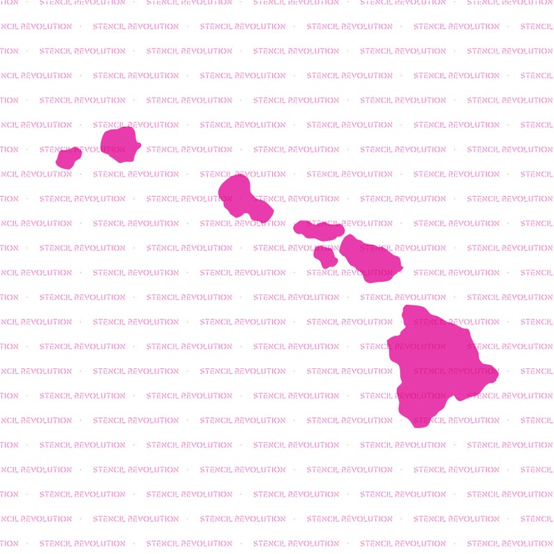 May include: A pink outline of the state of Hawaii on a white background with the text "Stencil Revolution" repeated in a pattern.