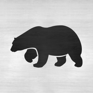 May include: Silhouette of a black bear walking to the right. The bear is facing left. The background is a light grey wood grain.