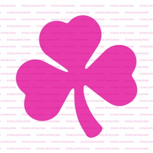 May include: A pink shamrock shape on a white background with the text "Stencil Revolution" repeated throughout.