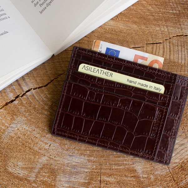 9 pockets credit card holder in genuine brown calfskin – crocodile embossed. Leather wallet card case (not real croc)100% hand made in Italy