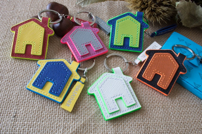 Great idea as lucky pursebag charm for housewarming gift A little house shape keychain in real genuine saffiano leather Home sweet home.
