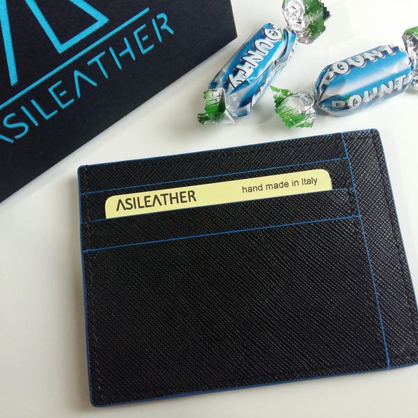 Black/blue credit card holder 9 pockets in genuine saffiano leather. Card case 100% hand made in Italy, great gift idea for him.