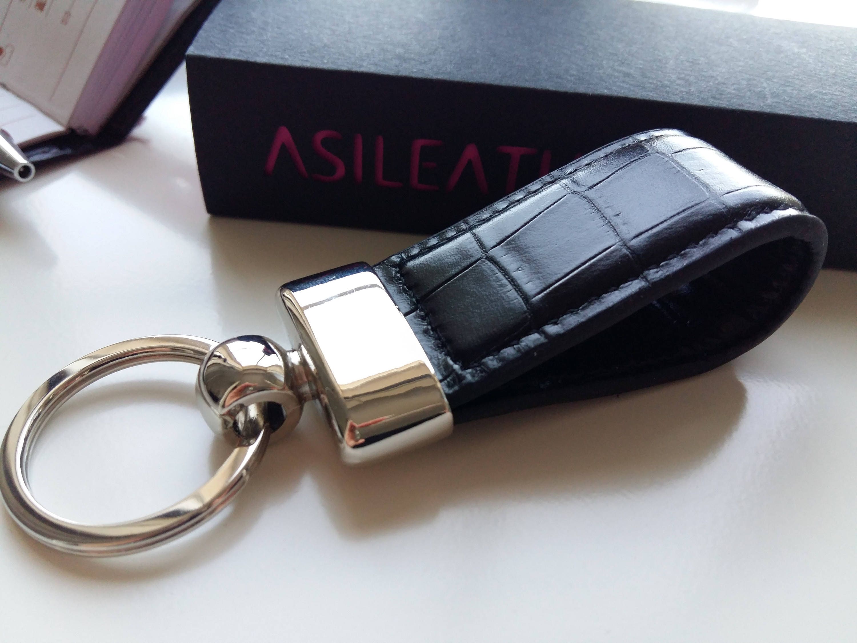 Key Rings Calfscin Keychain in Genuine Black Calfskin - Crocodile Embossed.man-woman ...