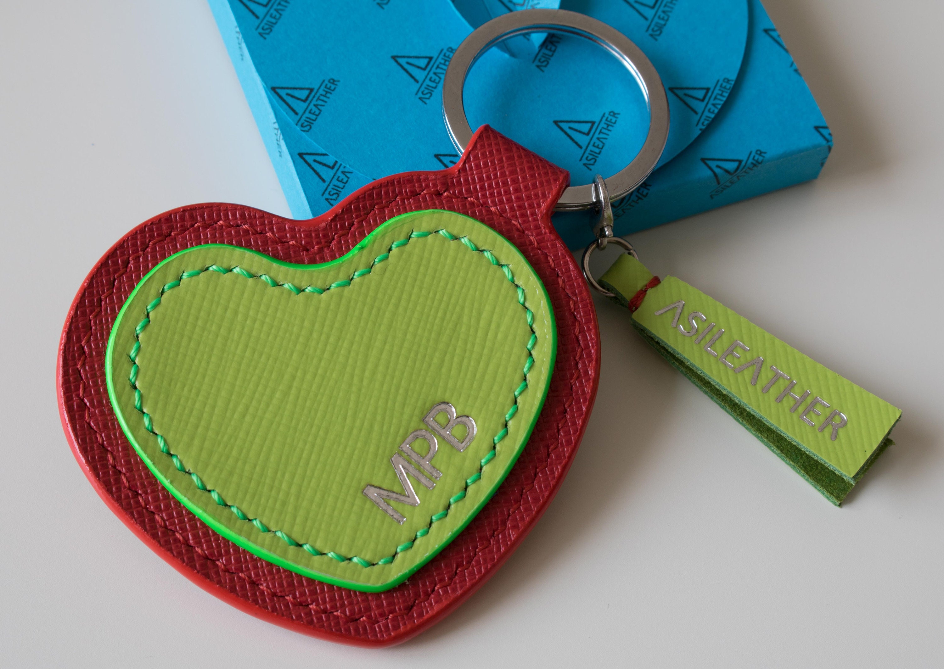 Saffiano leather heart keychain for women. Personalised lucky | Etsy