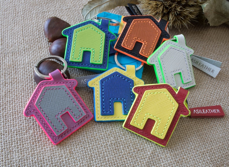 Great idea as lucky pursebag charm for housewarming gift A little house shape keychain in real genuine saffiano leather Home sweet home.
