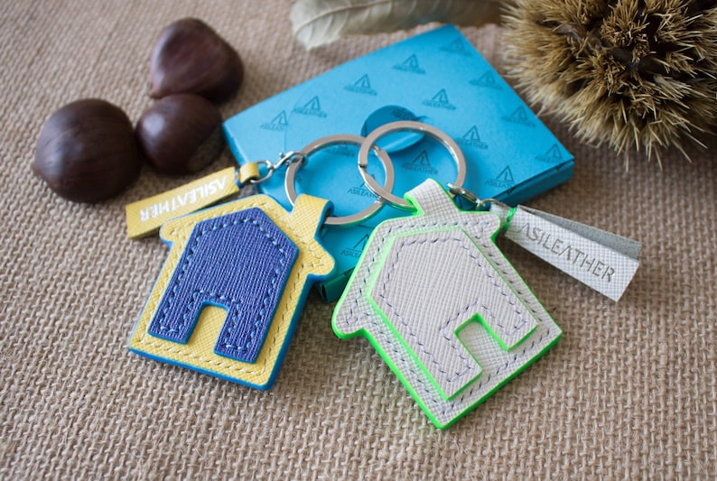 Great idea as lucky pursebag charm for housewarming gift A little house shape keychain in real genuine saffiano leather Home sweet home.