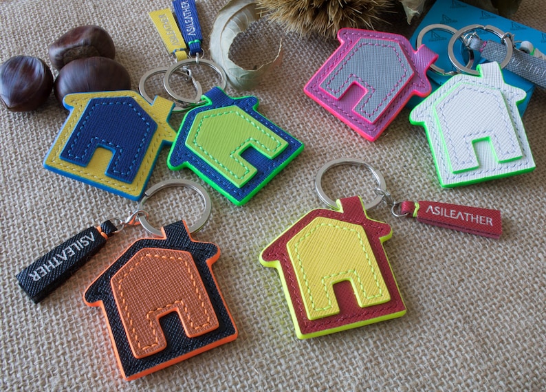 Great idea as lucky pursebag charm for housewarming gift A little house shape keychain in real genuine saffiano leather Home sweet home.
