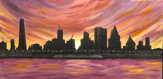 Acrylic skyline painting on canvas 15x30 NYC Wall Art Title New Day
