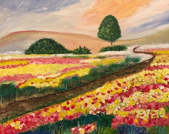 Acrylic countryside Painting on canvas 16x20, France, flower art, summer field, Title:  Provence