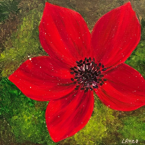 Acrylic flower painting on shops canvas 12”x12” Title: Red Anemone. Floral wall art.
