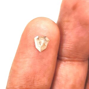 Puede incluir: Un diamante suelto en forma de escudo con una apariencia translúcida de color blanco roto e inclusiones internas visibles. La piedra preciosa presenta múltiples superficies facetadas que reflejan la luz, creando un efecto brillante en su estructura geométrica puntiaguda.