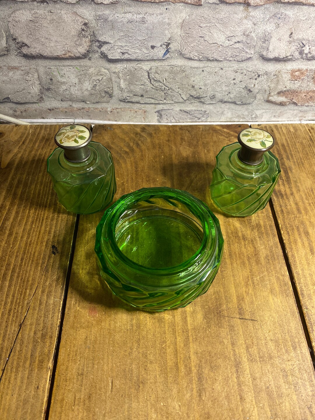 Regent Product Vintage Green Glass Vanity Set 2 Jars and Bowl Etsy