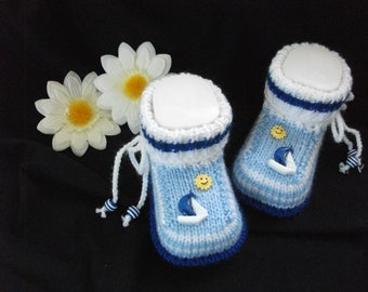 knitted baby shoes, baby boots, "a sea voyage..." 3-6 months, gift for birth, wedding, baby shower