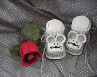 Babyschuhe gestrickt *Mäusekind grau*  Wolle MERINO