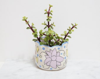 Lilac Floral Clay Pot, Decorative Collectible Planter