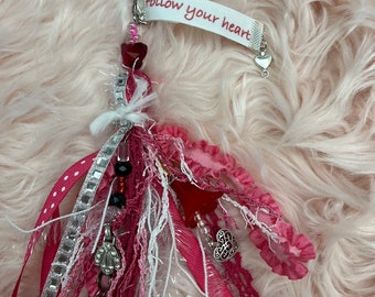Red fabric bag tassel, fabric key fob, bogg bag tassel, key chain ribbons, bag charm, purse decor, encouragement gift, mix media decor