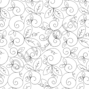 May include: A seamless pattern featuring black and white stylised illustrations of leaves and swirls. The design is reminiscent of a vintage floral pattern.