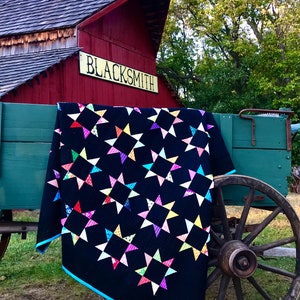 Make to order: Queen size Handmade Scrappy Star quilt, bright modern BLACK background image 1