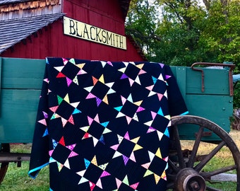 Make to order: Scrappy Star quilt, bright modern BLACK background